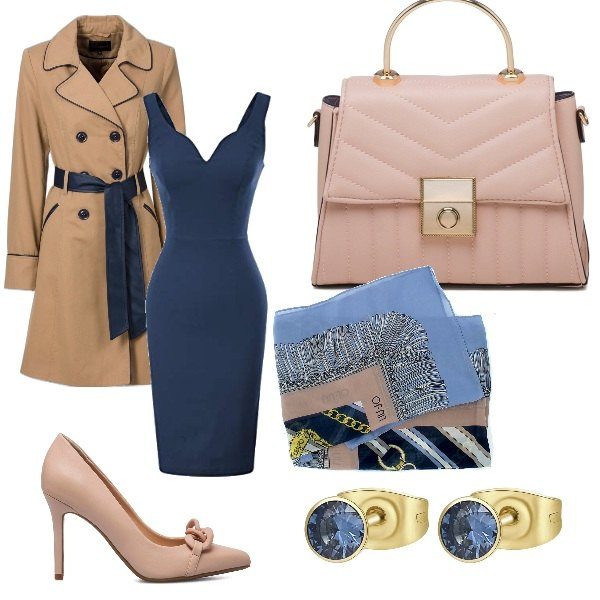Outfit donna - Blue Elegance. Stile Chic per Serata fuori. Abbinamento con trench, orecchini, sciarpe, décolleté, borse a mano, vestiti a tubino.