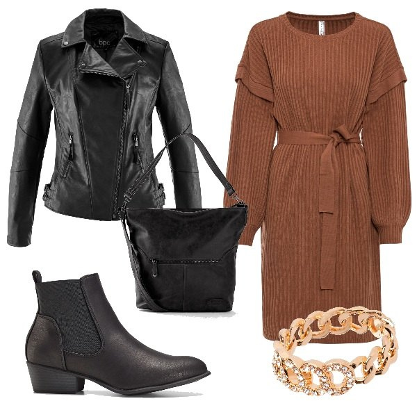 Outfit donna - Outfit comodo. Stile Basic per Tutti i giorni. Abbinamento con blazer, borse a tracolla, vestiti, stivaletti chelsea, anelli.