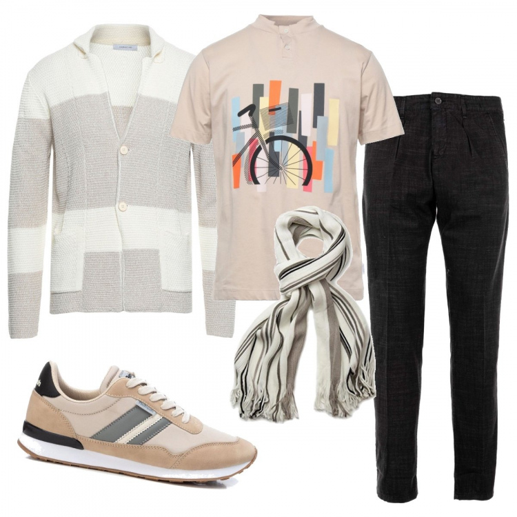 Outfit uomo - In bici. Stile Casual per Tutti i giorni. Abbinamento con giacche, t-shirt, sneakers, pantaloni, sciarpe.