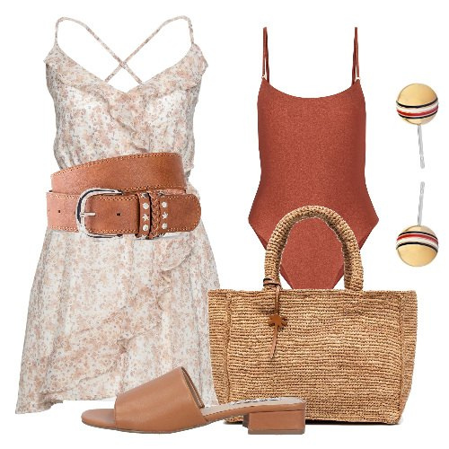 Outfit donna - Color cuoio al mare. Stile Bon Ton per Mare. Abbinamento con cinture, costumi interi, vestiti corti, sandali col tacco, borse tote, orecchini.