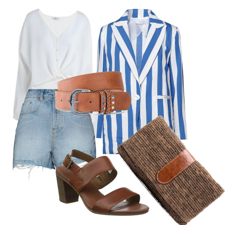 Outfit donna - Col blazer lungo. Stile Trendy per Tutti i giorni. Abbinamento con cinture, bluse, blazer, shorts, clutch, sandali.