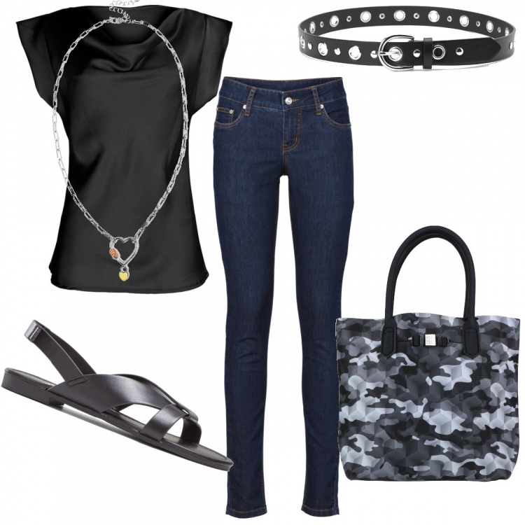Outfit donna - La borsa mimetica. Stile Casual chic per Tutti i giorni. Abbinamento con sandali, jeans skinny, borse a mano, bluse, collane, cinture.