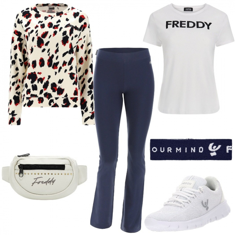 Outfit donna - Best partner Freddy. Stile Sporty chic per Sport. Abbinamento con braccialetti, pantaloni, felpe, sneakers, marsupi, t-shirt.