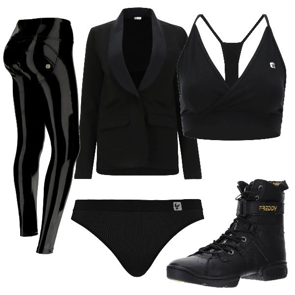 Outfit donna - Total look #1332360. Stile Urban per Serata fuori. Abbinamento con perizomi, pantaloni skinny, stivaletti, reggiseni, blazer.
