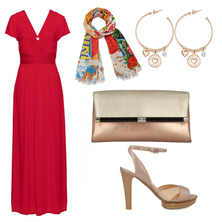 Outfit donna - Cerimonia!!!. Stile Casual chic per Cerimonia. Abbinamento con vestiti lunghi, sandali col tacco, clutch, orecchini, sciarpe.