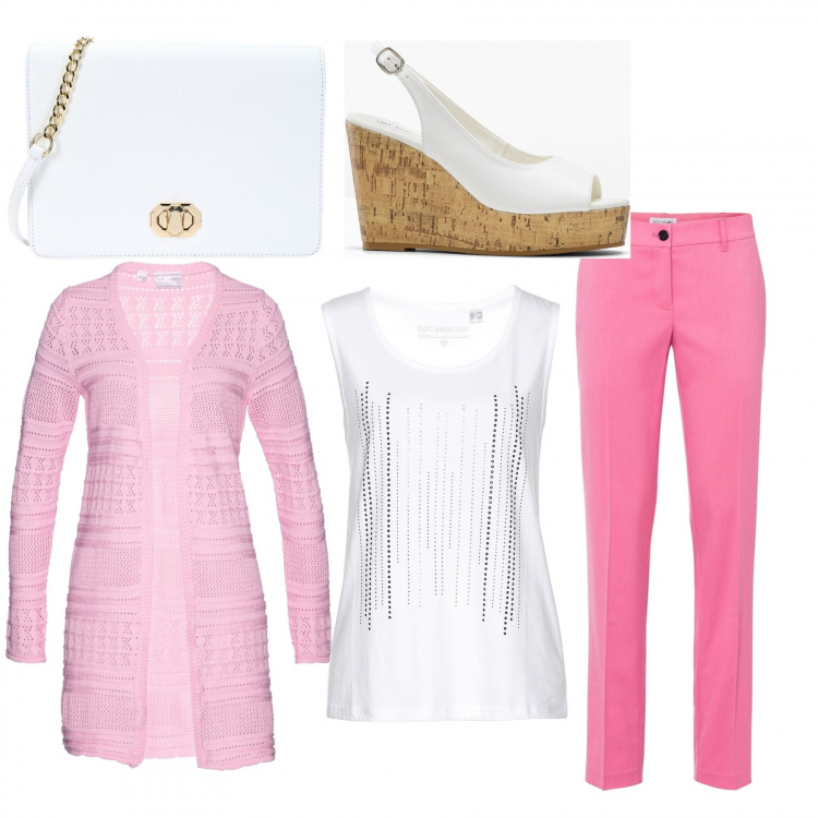 Outfit donna - Rosa in una fresca serata estiva. Stile Casual per Serata fuori. Abbinamento con top, cardigans, pantaloni, décolleté, borse a tracolla.