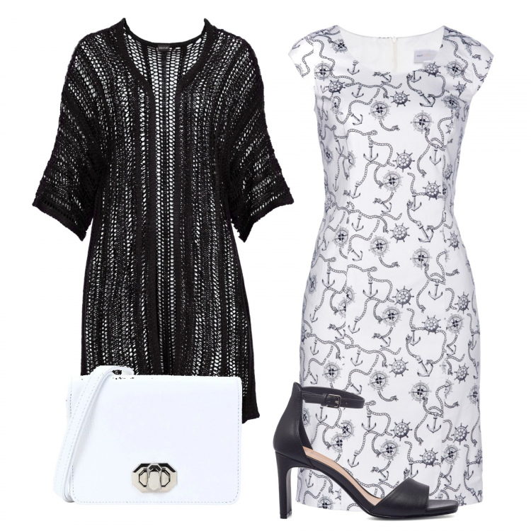 Outfit donna - Black and white. Stile Casual chic per Tutti i giorni. Abbinamento con cardigans, vestiti a tubino, borse a tracolla, sandali in pelle.