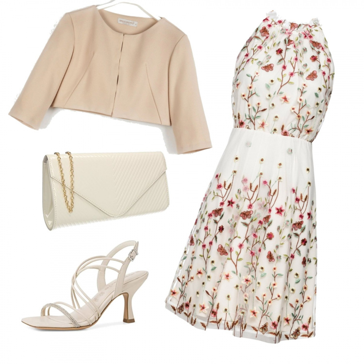 Outfit donna - L\'abitino a fiori. Stile Bon Ton per Cerimonia. Abbinamento con vestiti, blazer, sandali col tacco, pochette.