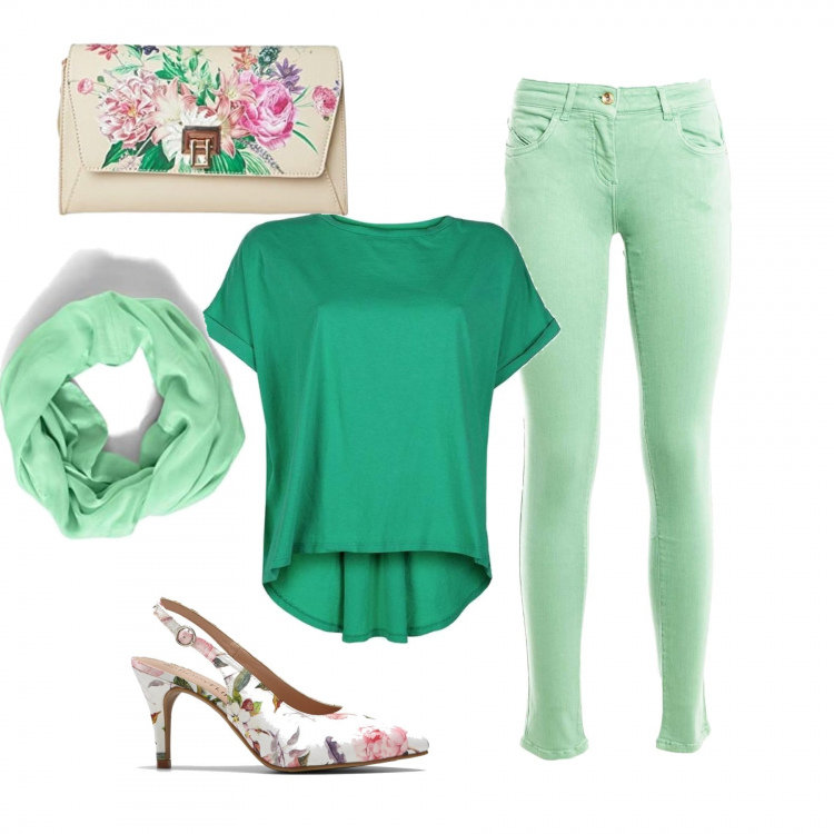 Outfit donna - Verde che passione. Stile Casual chic per Ufficio. Abbinamento con décolleté, t-shirt, pantaloni, pochette, sciarpe.