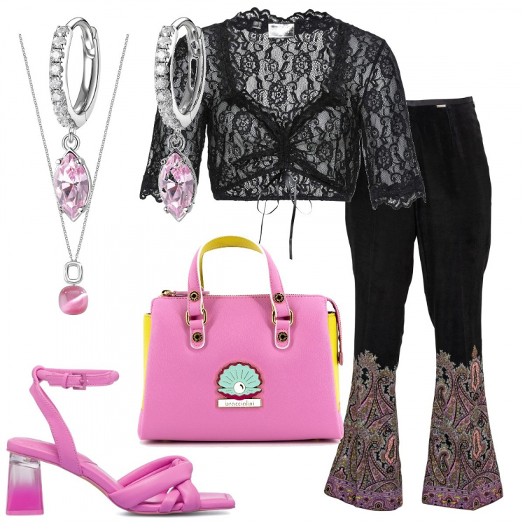 Outfit donna - Curvy nero e rosa. Stile Trendy per Cerimonia. Abbinamento con pantaloni, ciondoli, camicie, borse a tracolla, orecchini, sandali col tacco.