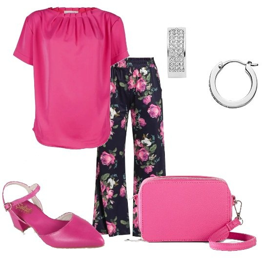 Outfit donna - Pantalone nero fiorato fuxia con blusa. Stile Trendy per Cerimonia. Abbinamento con vestiti a tubino, pantaloni a palazzo, bluse, décolleté, orecchini.