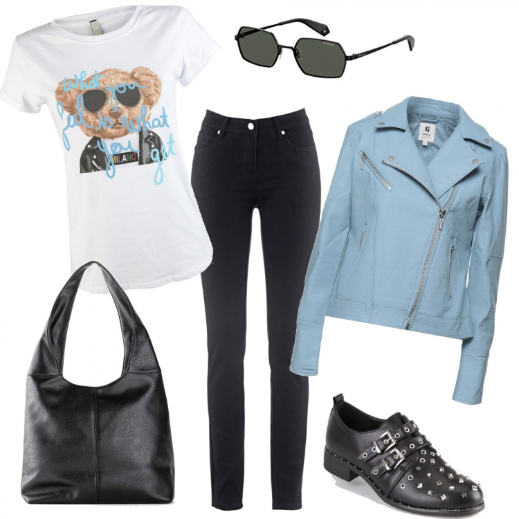 Outfit donna - Troppo giusta. Stile Trendy per Tutti i giorni. Abbinamento con jeans dritti, borse a spalla, giacche, t-shirt, francesine, occhiali da sole.