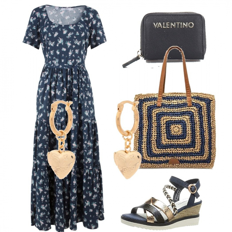 Outfit donna - Romantica #2223. Stile Romantica per Tutti i giorni. Abbinamento con vestiti lunghi, orecchini, portafogli, sandali, shopping bag.