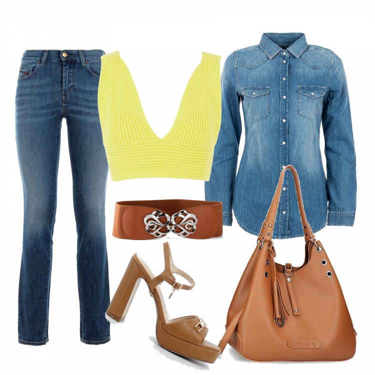 Outfit donna - In città. Stile Casual per Tutti i giorni. Abbinamento con cinture, top, jeans, camicie, sandali in pelle, borse a mano.