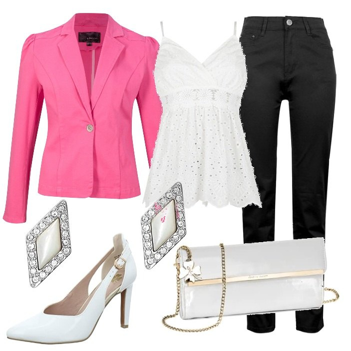 Outfit donna - Speciale Blazer! Comoda con stile. Stile Chic per Cerimonia. Abbinamento con camicie a manica corta, top, pantaloni, décolleté, borse a spalla, orecchini.