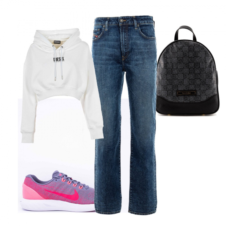Outfit donna - Al parco con i nipoti... Stile Sporty chic per Tutti i giorni. Abbinamento con jeans, sneakers, zaini, felpe con cappuccio.