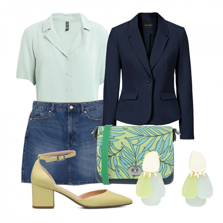 Outfit donna - In blazer e mary jane. Stile Urban per Tutti i giorni. Abbinamento con blazer, camicie a manica corta, borse a tracolla, orecchini, minigonne, décolleté.