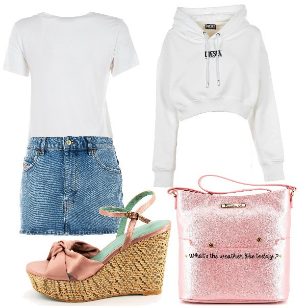 Outfit donna - Tempo libero. Stile Casual per Tutti i giorni. Abbinamento con borse a tracolla, t-shirt, infradito, minigonne, felpe con cappuccio.