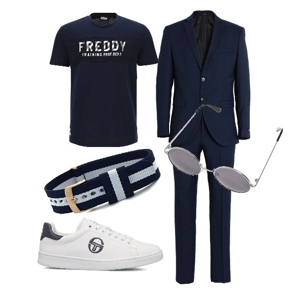 Outfit uomo - Blu trendy per una sera. Stile Trendy per Serata speciale. Abbinamento con abiti, t-shirt, sneakers, occhiali da sole, braccialetti.