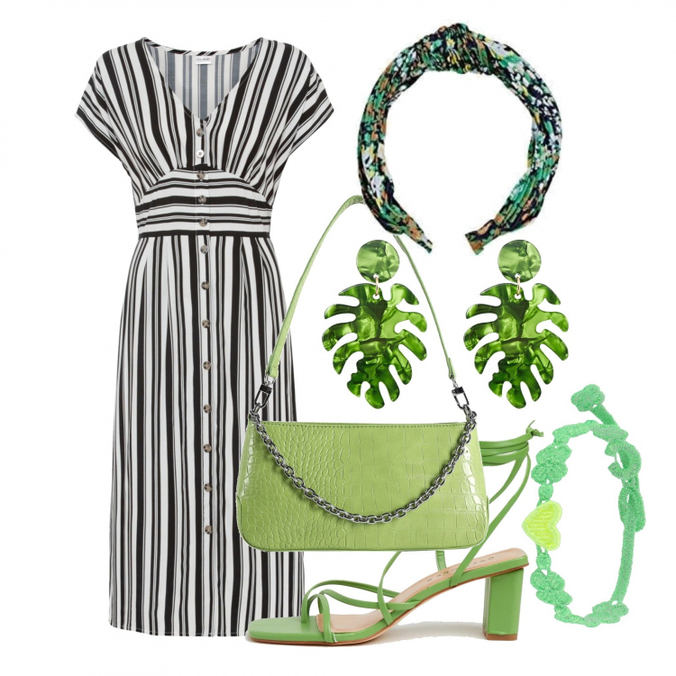 Outfit donna - Righe e verde. Stile Bon Ton per Tutti i giorni. Abbinamento con vestiti, orecchini, braccialetti, borse a spalla, sandali alla schiava, cerchietti.