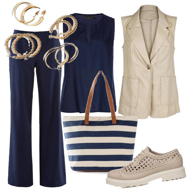 Outfit donna - Mannish estivo. Stile Mannish per Ufficio. Abbinamento con pantaloni, top, shopping bag, gilet, orecchini, scarpe stringate.