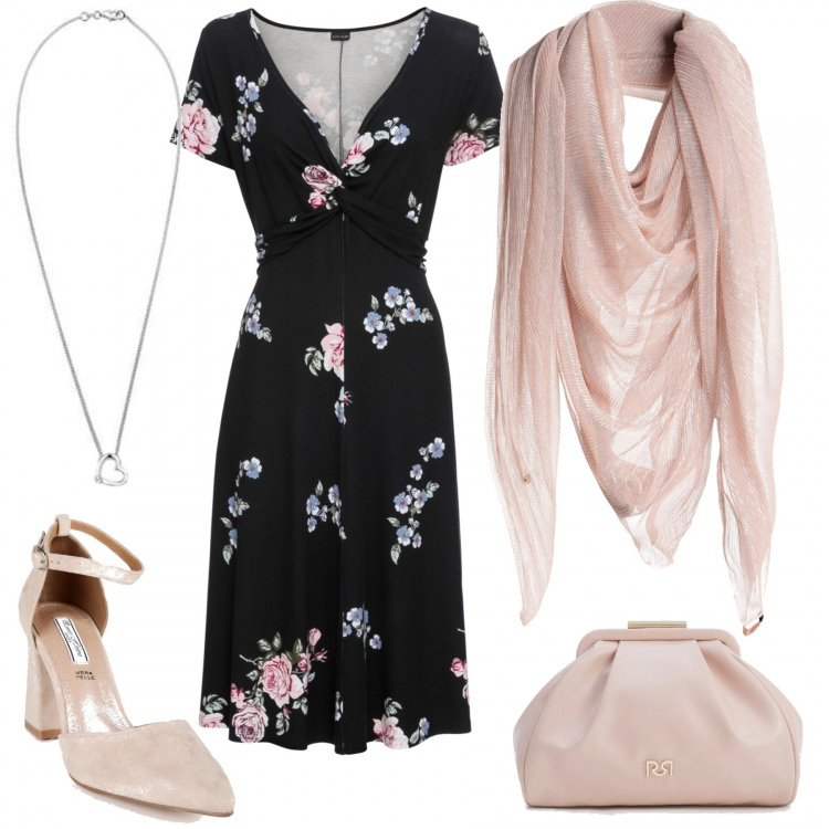 Outfit donna - Abito floreale. Stile Bon Ton per Cerimonia. Abbinamento con vestiti lunghi, sciarpe, décolleté, clutch, ciondoli.