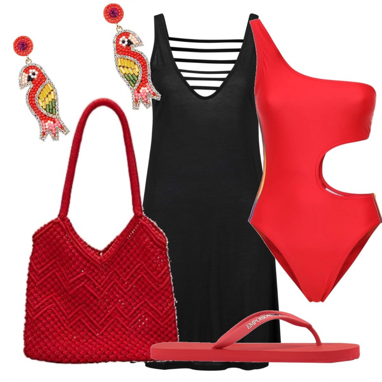 Outfit donna - Domenica in piscina. Stile Sporty chic per Mare. Abbinamento con vestiti da spiaggia, orecchini, infradito, costumi interi, borse tote.