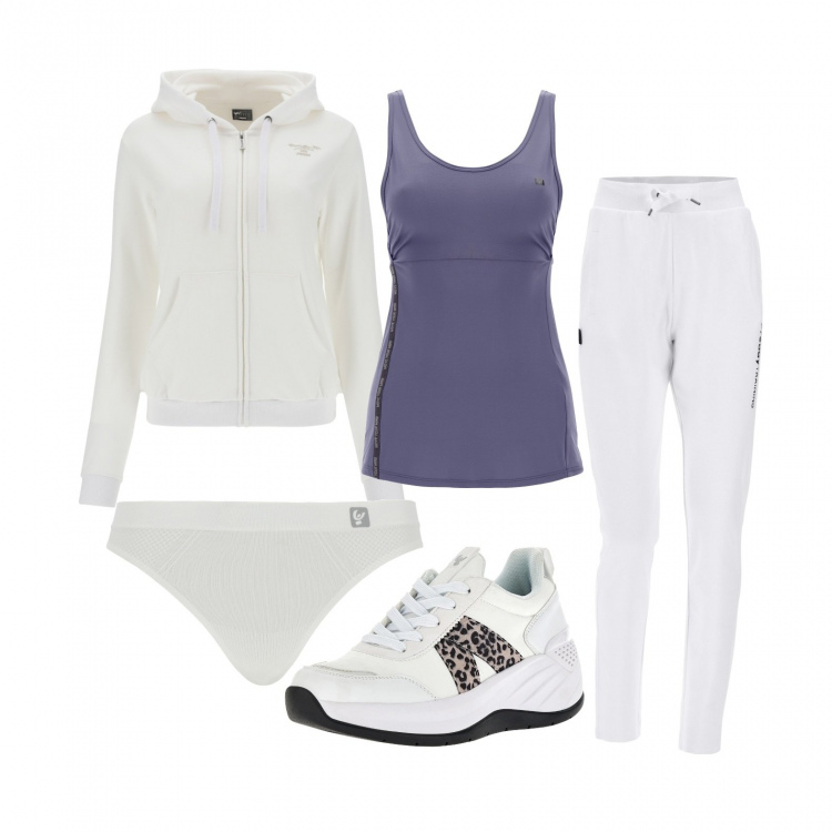 Outfit donna - Total Freddy. Stile Casual per Tutti i giorni. Abbinamento con perizomi, sneakers, felpe con cappuccio, canottiere, pantaloni.