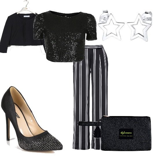 Outfit donna - Pantalone nero righe top paiette. Stile Chic per Serata fuori. Abbinamento con pantaloni, top, décolleté, blazer, pochette, orecchini.