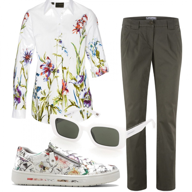 Outfit donna - Primavera. Stile Romantica per Tutti i giorni. Abbinamento con pantaloni chino, camicie, sneakers, occhiali da sole.