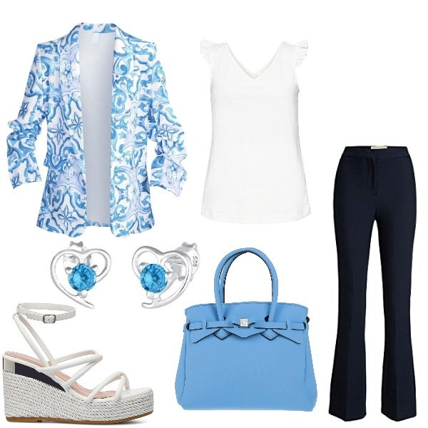 Outfit donna - Blazer in fantasia. Stile Casual chic per Ufficio. Abbinamento con top, borse a mano, blazer, sandali in pelle, pantaloni chino, orecchini.