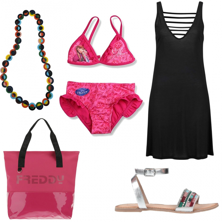 Outfit donna - Primi giorni al mare. Stile Casual per Mare. Abbinamento con vestiti da spiaggia, collane, sandali gioiello, shopping bag, bikini.