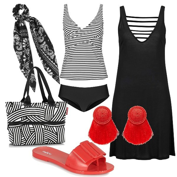 Outfit donna - Righe e fiori bianco e nero. Stile Minimal per Mare. Abbinamento con vestiti da spiaggia, costumi interi, orecchini, ciabatte, fasce per capelli, shopping bag.