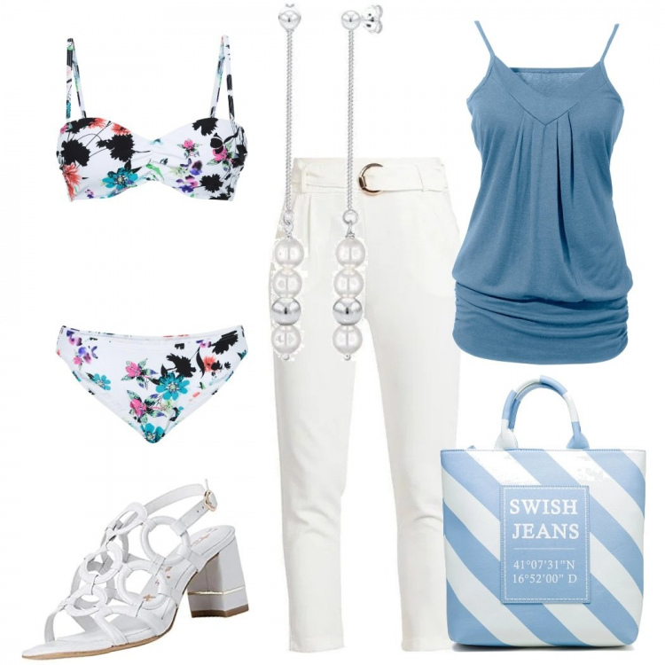 Outfit donna - Prime giornate al mare. Stile Casual chic per Mare. Abbinamento con top, bikini, pantaloni, shopping bag, sandali col tacco, orecchini.