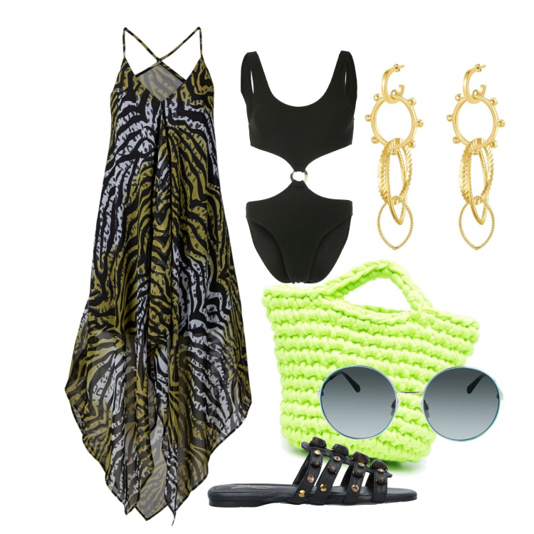 Outfit donna - Prime giornate al mare - Focus Donna. Stile Glamour per Mare. Abbinamento con vestiti da spiaggia, sandali gioiello, orecchini, costumi interi, borse tote, occhiali da sole.