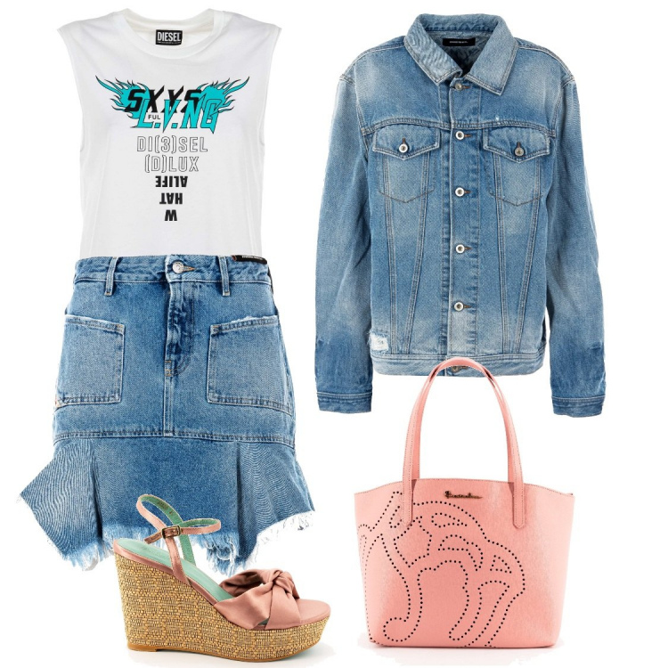 Outfit donna - Disel: demin for miss. Stile Trendy per Tutti i giorni. Abbinamento con t-shirt, infradito, borse a tracolla, gonne lunghe, giacche.