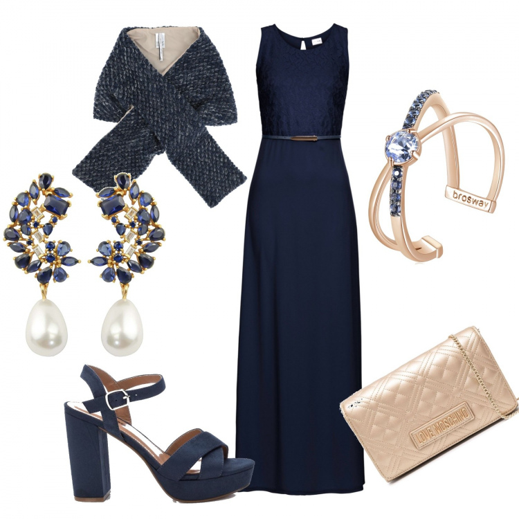 Outfit donna - Cerimonia chic. Stile Chic per Cerimonia. Abbinamento con vestiti lunghi, sciarpe, sandali in pelle, orecchini, anelli, borse a tracolla.
