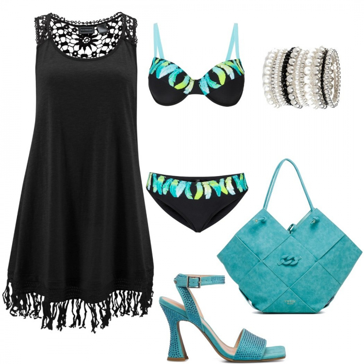 Outfit donna - Casual chic #10049. Stile Casual chic per Mare. Abbinamento con vestiti da spiaggia, braccialetti, bikini, sandali gioiello, borse a spalla.