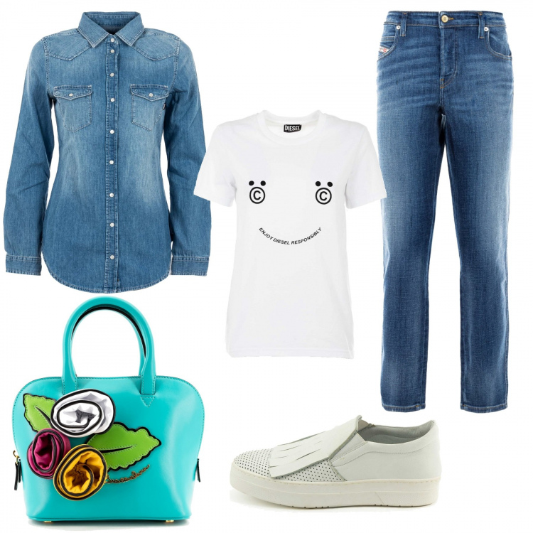 Outfit donna - Enjoy Diesel. Stile Casual chic per Tutti i giorni. Abbinamento con jeans, camicie, sneakers, t-shirt, borse a tracolla.