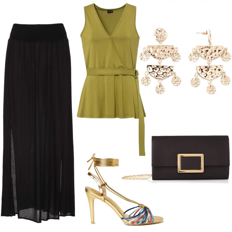 Outfit donna - Cerimonia d\'estate. Stile Glamour per Cerimonia. Abbinamento con gonne lunghe, top, orecchini, sandali col tacco, pochette.
