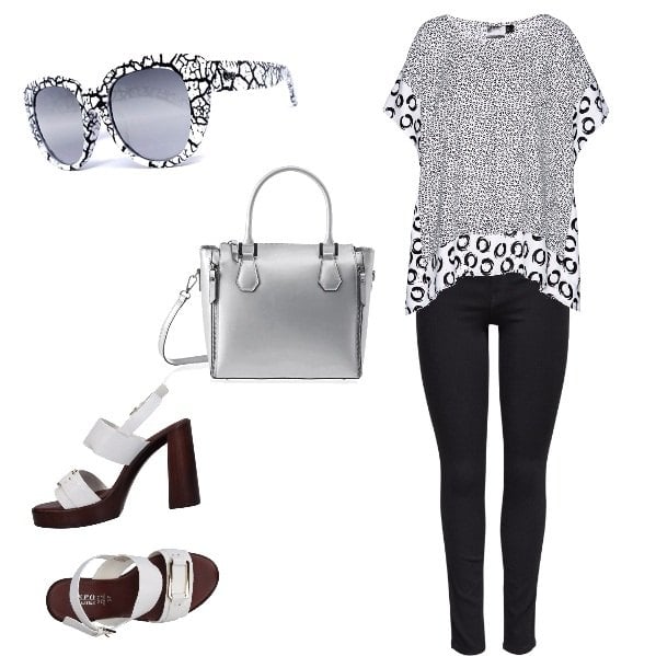 Outfit donna - Etnico #2654. Stile Etnico per Tutti i giorni. Abbinamento con sandali con tacco squadrato e fibbia interno in pelle con punta tonda tinta unita, tunica fantasia bianco, occhiali da sole capri, jeans skinny con nodi in denim con tasche nero, borse a spalla.