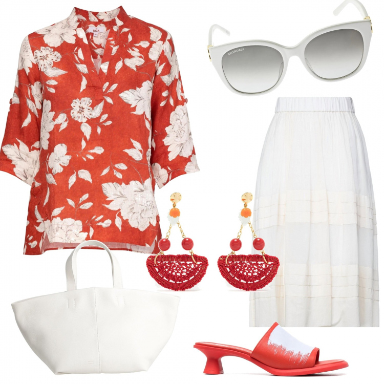 Outfit donna - Total look #1334351. Stile Casual chic per Tutti i giorni. Abbinamento con bluse, gonne longuette, borse a mano, orecchini, sandali col tacco, occhiali da sole.