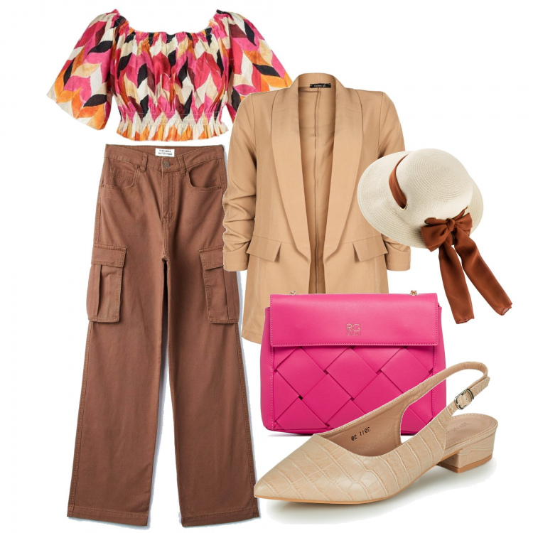 Outfit donna - Blazer e slingback coi cargo. Stile Casual chic per Tutti i giorni. Abbinamento con cappelli, blazer, top, pantaloni cargo, décolleté, borse a tracolla.
