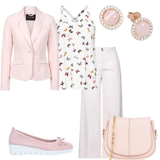 Outfit donna - Pantaloni giacca rosa e canotta fantasia. Stile Casual chic per Tutti i giorni. Abbinamento con top, blazer, pantaloni, décolleté, pochette, orecchini.