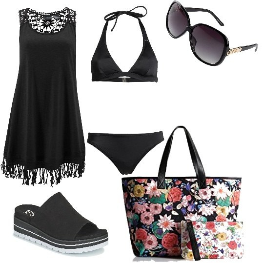 Outfit donna - Al mare in nero fiorato. Stile Casual per Mare. Abbinamento con vestiti da spiaggia, occhiali da sole, bikini, ciabatte, shopping bag.