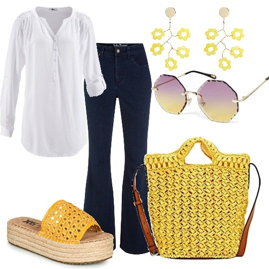 Outfit donna - Jeans camicione bianco accessori gialli. Stile Casual chic per Tutti i giorni. Abbinamento con tuniche, jeans a zampa, orecchini, ciabatte, borse a tracolla, occhiali da sole.