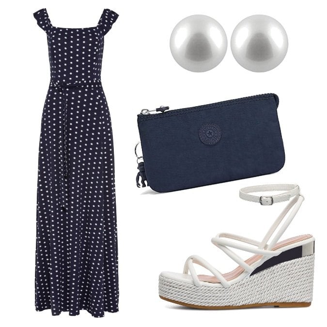 Outfit donna - Abito a pois. Stile Bon Ton per Serata fuori. Abbinamento con vestiti lunghi, sandali in pelle, pochette, orecchini.