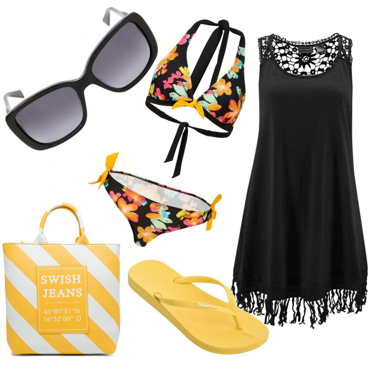 Outfit donna - Finalmente mare. Stile Trendy per Mare. Abbinamento con vestiti da spiaggia, bikini, occhiali da sole, shopping bag, infradito.