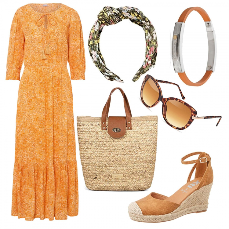 Outfit mujer - Low cost curvy Primavera. Estilo Casual chic para Todos los días. look ideal para Tall/Alta. Combinación con sandalias, bolso tote, pulseras, diademas, gafas de sol, vestidos largos.