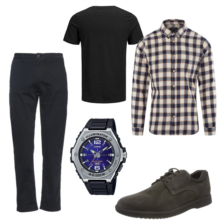 Outfit hombre - Casual #10060. Estilo Casual para Todos los días. Combinación con reloj, camisas, camiseta, zapatos con cordones, pantalones.